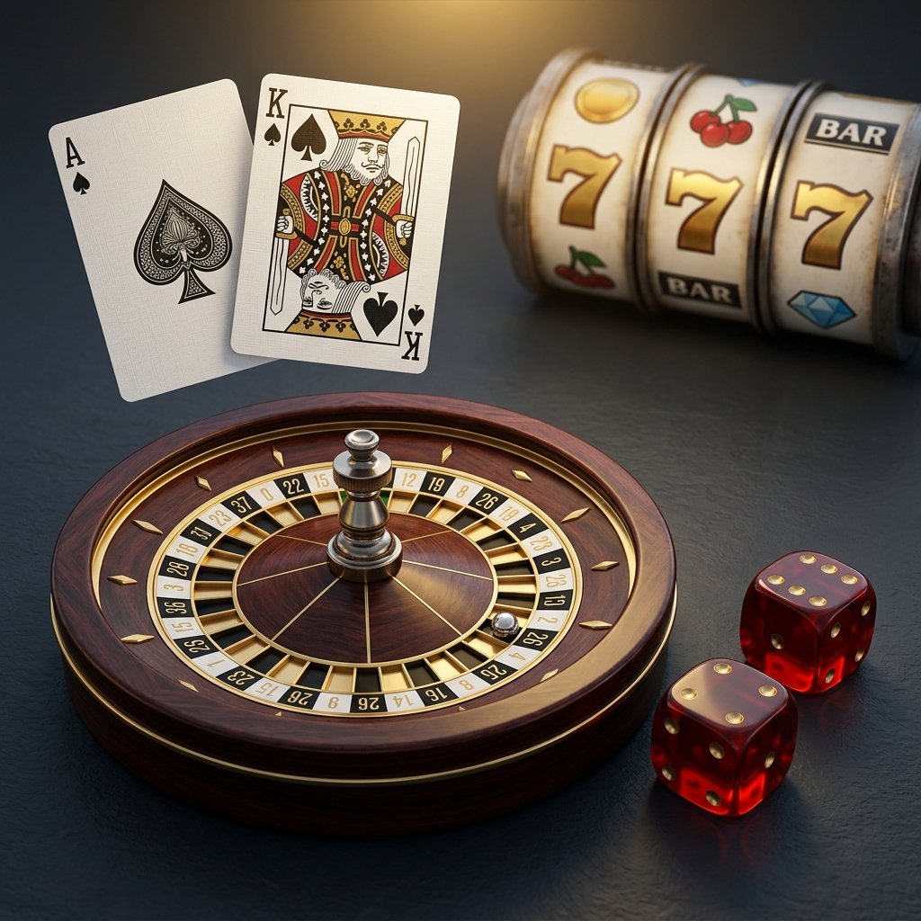 Compiled Labs Premium iGaming Platform showcase featuring slot reels, neon cards and 3D dice.